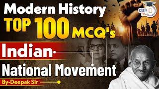 Modern History MCQ | Top 100 MCQ's of Modern History | Indian National Movement | Indian History