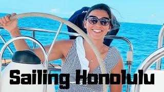 SAILING WAIKIKI BEACH HAWAII: Sailing our neighbors 47' Catalina bluewater sailboat in O'ahu Ep 14