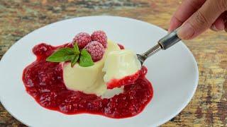 The best dessert made with cream. Panna cotta recipe with raspberry sauce.