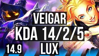 VEIGAR vs LUX (MID) | 14/2/5, 1400+ games, Legendary | NA Master | 14.9