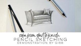 How to draw furniture, pencil sketch a sofa from beginning to end, time lapsed with instruction
