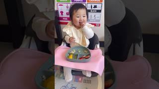 Baby Valerie eating & exploring chicken nugget + mango & strawberry #babyvalerie #hungrybaby 8m baby