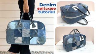 how to sew denim patchwork suitcase tutorial from old jeans , denim travel bag tutorial , diy bag