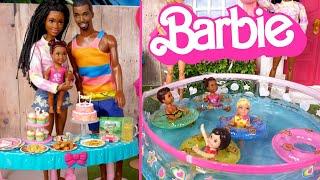 Barbie Doll Family Getting Ready for Birthday Pool Party & Toodler Gymnastics