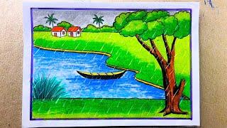 Rainy Scenery Drawing with Painting || Season Painting