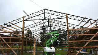DIY 40 x 60 Pole Barn Build with steel trusses (Part 2). Time lapse video pole barn setting trusses