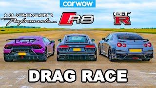 Lamborghini Huracan v Audi R8 v Nissan GT-R - DRAG RACE