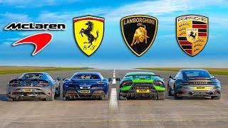 【ドラッグレース！】マクラーレン 750S vs フェラーリ 296GTB vs ポルシェ 911 ターボ vs ランボルギーニ ウラカン ペルフォルマンテ