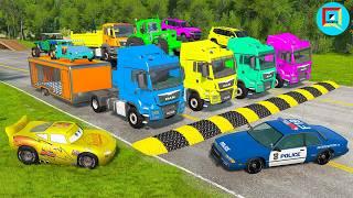 Quadruple Trucks Transporting cars with Flatbed Trailers | Cars vs Speedbump vs Train vs Pothole 25