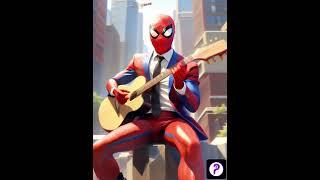 a Spider-Man in a suit playing a guitar