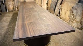 Sapele Dining Table With Crescent Moon Steel Base - Full Build.