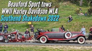 Beauford Sport tows 1943 Harley Davidson WLA WWII Army Motorcycle Trike at Southend Shakedown 2022