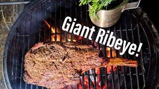 Hanging a GIANT Bone In Ribeye on the Oklahoma Joe's Bronco | Smoked Ribeye Steak