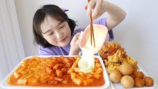 돼지파티 오랜만️‍매콤까르보 치즈 떡볶이 먹방! 떡볶 치킨 조합 오랜만이야 ft.뿌링치킨 + 치즈볼 REALSOUND MUKBANG | tteokbokki,chicken
