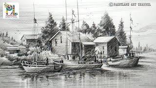 How to Draw Old Sailboat Yard Landscape with Pencil For Beginners | Step by Step