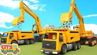 Construction vehicles rebuild new bridge -Excavator,Bulldozer, crane truck and loader for kids
