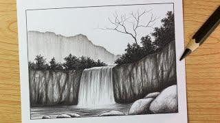 Charcoal pencil sketch scenery || Pencil shading video || Waterfall scenery sketch with pencil