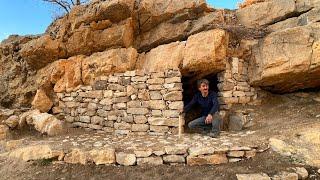 Building a Secure Stone Shelter with a Fireplace Under a Giant Rock | Survival Skills