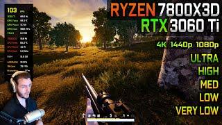 PUBG | RTX 3060 Ti + Ryzen 7 7800X3D  - 1080p, 1440p, 4K