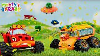 Monster Trucks vs UFO | Nursery Rhymes For Kids - Monty’s Garage