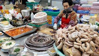 Korean sausage (SUNDAE) with pig uterus / Sell for 39 years in the market by Grandma, Korean food