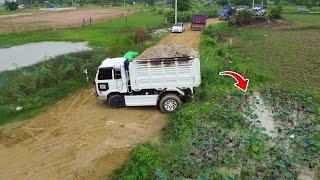 Great Project! Huge Size Landfill by KOMATSU D58-E Bulldozer Push Soil With DumpTruck 5T, Mix VDO