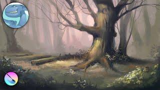 Digital painting in Krita - Landscape with an old tree