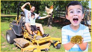 LAWN MOWER BUG HUNT ON THE FARM! Play and find REAL BUGS outside on riding lawn mower | Super Krew