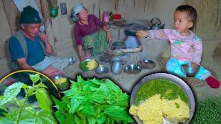 Organic Nettles curry with Corn Rice (Thepla) cooking & eating in Village kitchen || village video