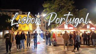 Lisbon Portugal Walking Tour | Christmas Market in Rossio and Chiado Decorations