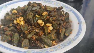 lehsuni bhindi | Lehsuni peanut okra | peanut Bhindi | bendakaya velluli kaaram | bhindi fry | okra