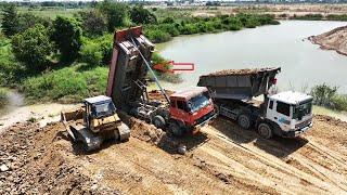 Huge Dump Truck Moving Dirt Truck Driver Skills Fails New Road Construction Land Filling Up