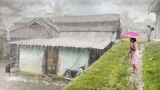 Super Heavy Rain and Thunderstorm in the Village | Walk In Thunderstorms and Strong Winds | ASMR