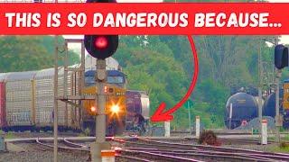 Why is this so DANGEROUS even if the train is going slow? More than one train!!!