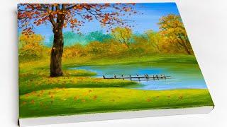 Autumn lake painting / Acrylic landscape painting / Aham Art