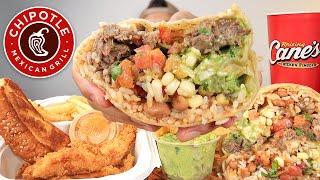 MUKBANG EATING CHIPOTLE LOADED BARBACOA BURRITO, RAISING CANES CHICKEN TENDERS WITH EXTRA SAUCE ASMR