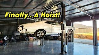 The shed gets a hoist!  My new Joel's Garage Gear 2 post!