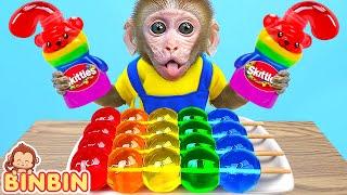 Monkey Binbin Enjoy Sweet Rainbow Jelly Recipe at Summer Swimming Pool | MONO BINBIN ESP