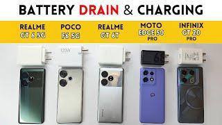 5G BATTERY Drain & ChargeRealme GT 6 vs Realme GT 6T vs POCO F6 vs Moto Edge 50 Pro vs GT 20 Pro