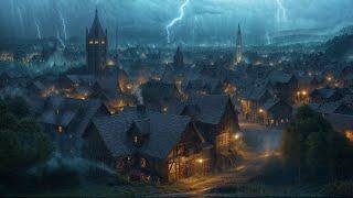 Medieval City Night Ambience | Relaxing Heavy Rain & Thunderstorm Sounds, Blacksmiths, White Noise