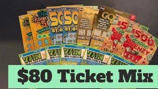  $80 Ticket Mix  Holiday Jumbo Bucks 50X  Golden 7s, 50X the Money & $500 Festive Frenzy