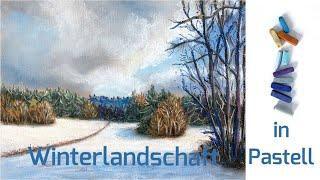 Winterlandschaft mit Schnee und Wolken mit Pastellkreide