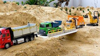 Sand truck, construction excavator and story of sand truck working at the construction site