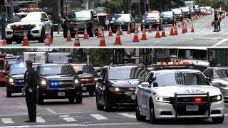 Donald Trump travels by a massive motorcade after meeting with President Zelensky in New York City