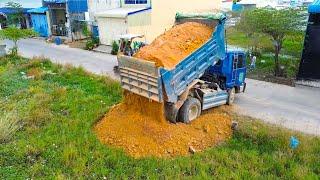 New Project Landfill!! 5T Trucks Unloading Soil and Bulldozer Komatsu D31P Push soil fill the land