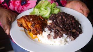 Brown Stew Chicken, Black Bean Stew and Rice