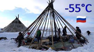 Far North Survival.  Building the dwelling of the Nenets - CHUM Reindeer migration to the Arctic