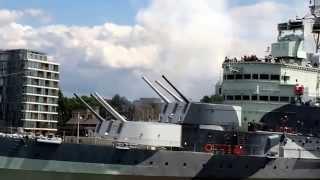 HMS Belfast firing all 6 inch fwd guns. 06/06/2014. For D-Day