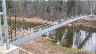 Temporary bridge installation for new pedestrian bridge over the river