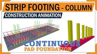 Strip footing reinforcement details | Foundation and column rebars | 3D Animation